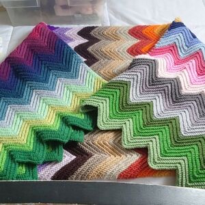 Vintage Hand Crochet Colorful Chevron Blanket